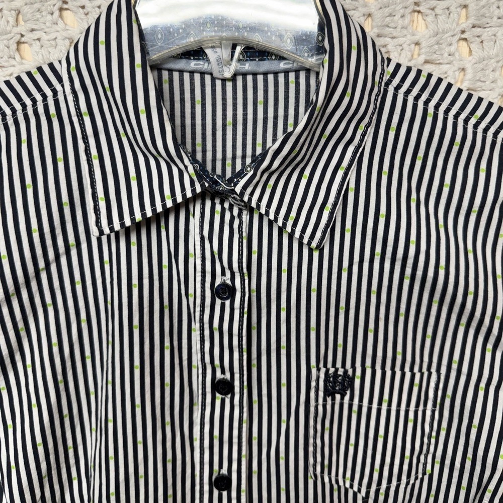 Cinch Western Shirt Women L Blue Gray Striped Polka Dot Long Sleeve Button Up